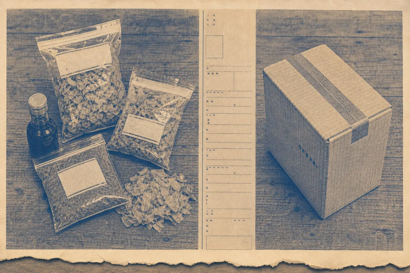 A catalogue page reproducing photographs of sealed Japanese food packets and a small bottle of soy sauce on one side, and a taped-shut cardboard parcel on the other.