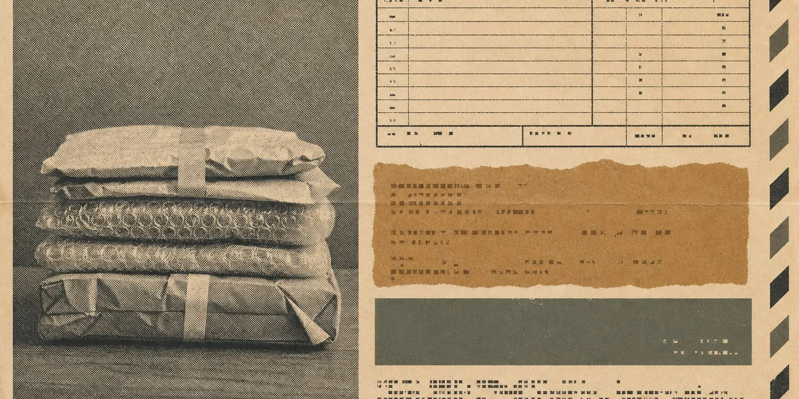 One small parcel wrapped in many layers of bubble wrap and paper padding, resting on a plain table.