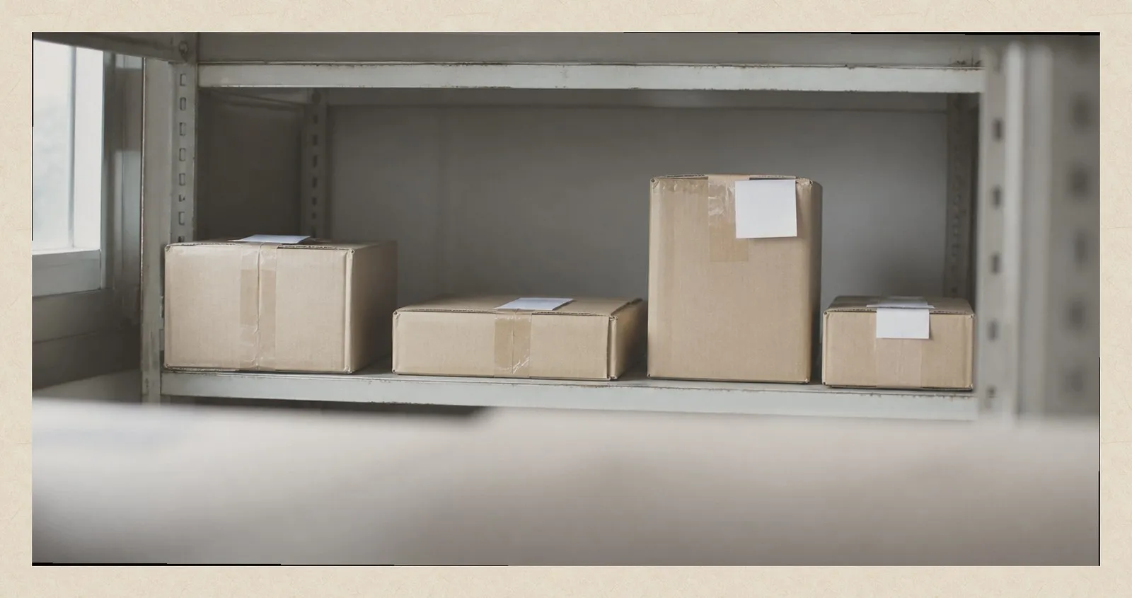 Four plain cardboard parcels waiting on a steel warehouse shelf, seen past the blurred edge of the shelf in front of them.