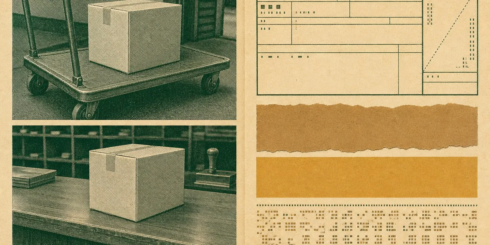 Two photographs of an identical sealed carton: one standing on a metal loading trolley, one on a wooden post office counter.