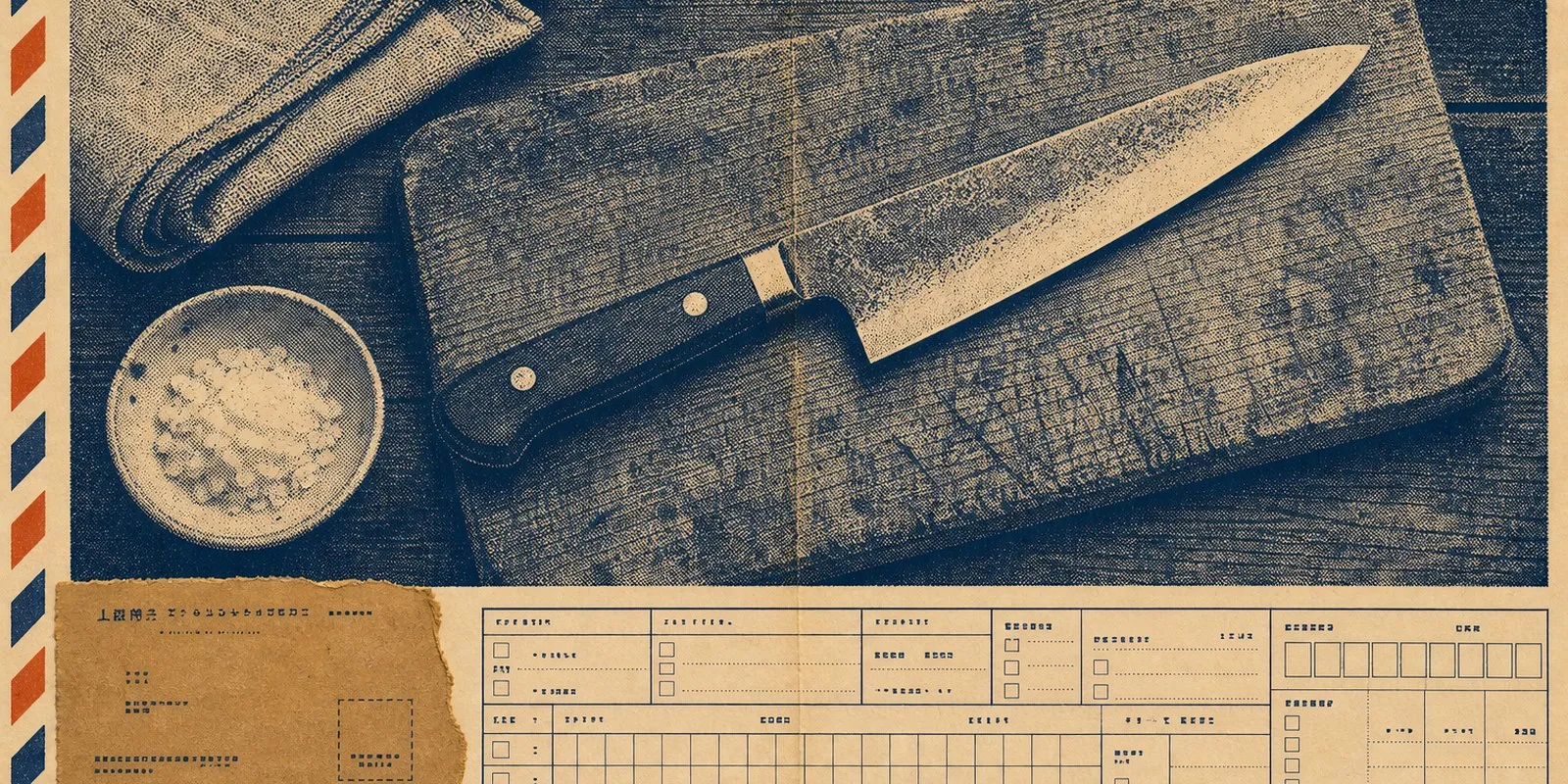 A halftone catalogue page showing a Japanese kitchen knife on a worn wooden cutting board, seen from above beside a folded linen cloth and a small dish of coarse salt.