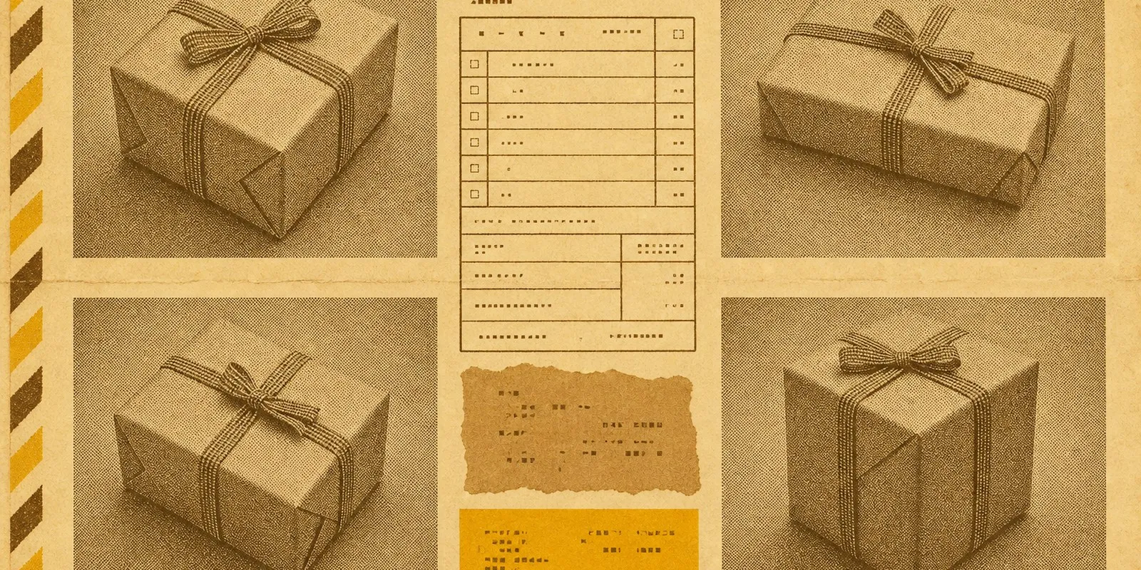 Four views of the same small gift box wrapped in plain paper and tied with a flat cord.