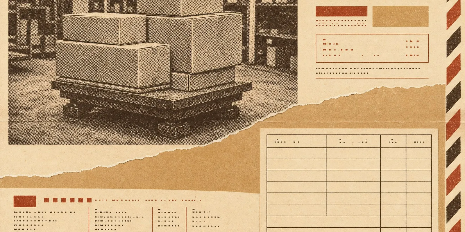 A catalogue page showing plain cardboard parcels stacked on a heavy industrial platform scale in a warehouse.