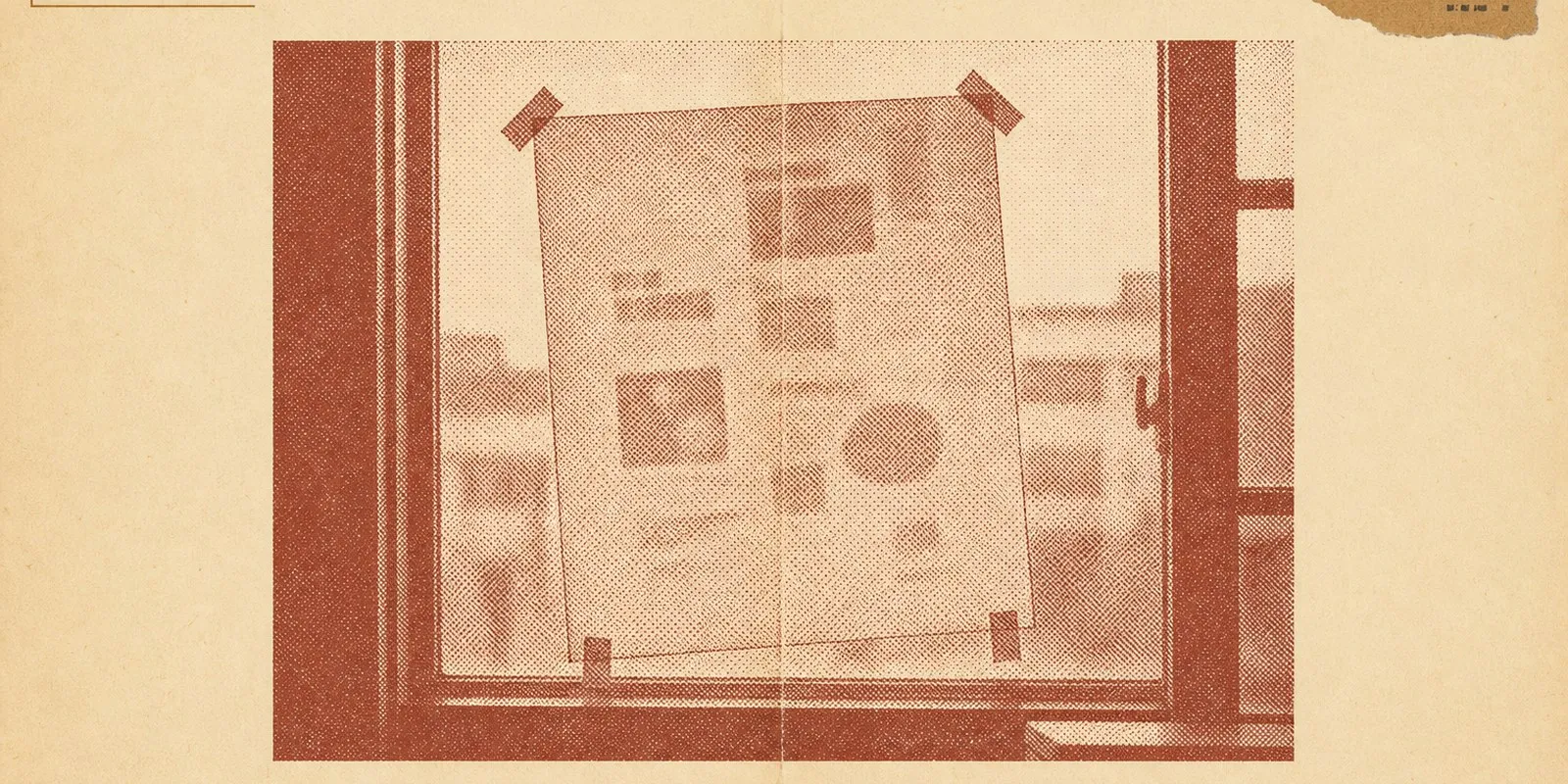 A single sheet of thin paper taped flat against a bright window, seen from inside and strongly backlit so its printing shows only as vague shapes.