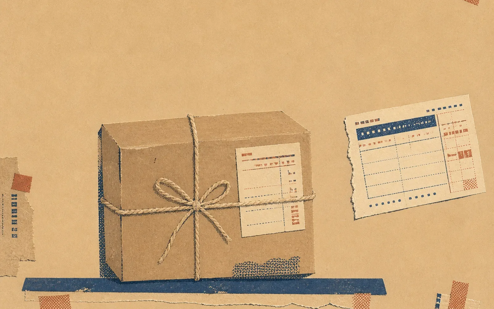 Cut-paper collage of a kraft parcel tied with twine resting on a shelf. One paper receipt slip is already attached to the box; a second slip drifts in from the right, separate from the parcel and arriving on its own.