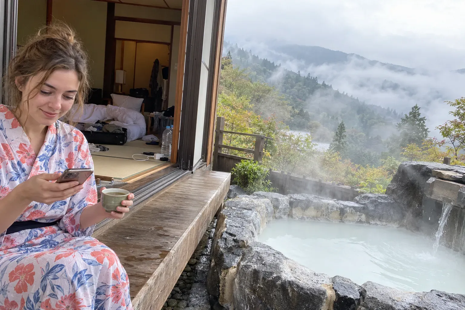 A young traveler in a cotton yukata smiling at her phone with a cup of green tea, sitting on the edge of a ryokan room's wooden veranda, a stone outdoor bath of milky-white water beside her and misty forested hills beyond