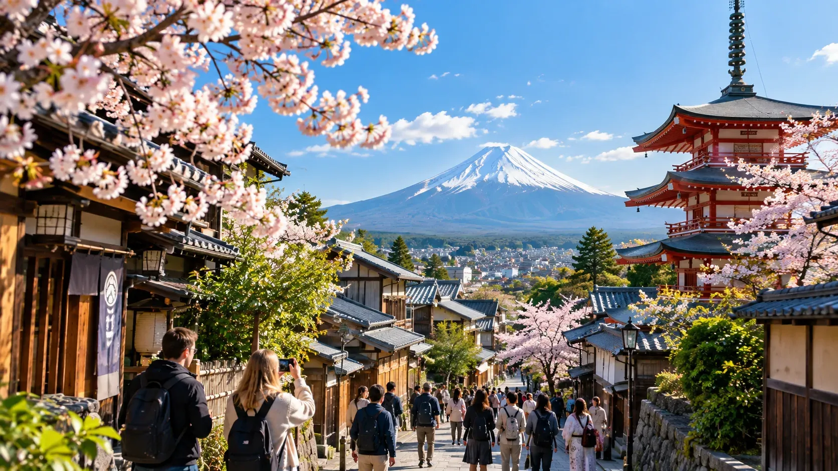 An illustration of travel in Japan: an old street of wooden houses under cherry blossoms, with a pagoda and a snow-capped mountain in the distance