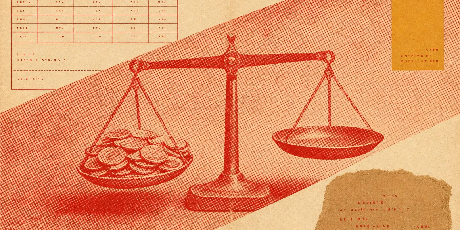 A small brass balance scale with coins heaped in one pan and the other pan empty.