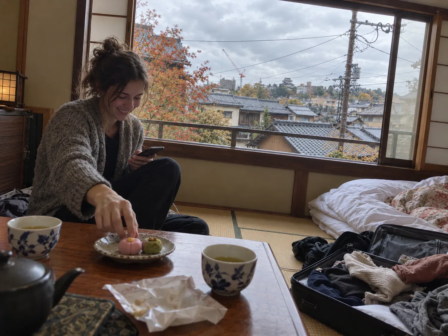 A traveler in a knit cardigan smiling as she reaches for a Japanese sweet at the low table of a tatami room on a cloudy autumn day, her suitcase open on the floor and tiled roofs and red maple leaves outside the window