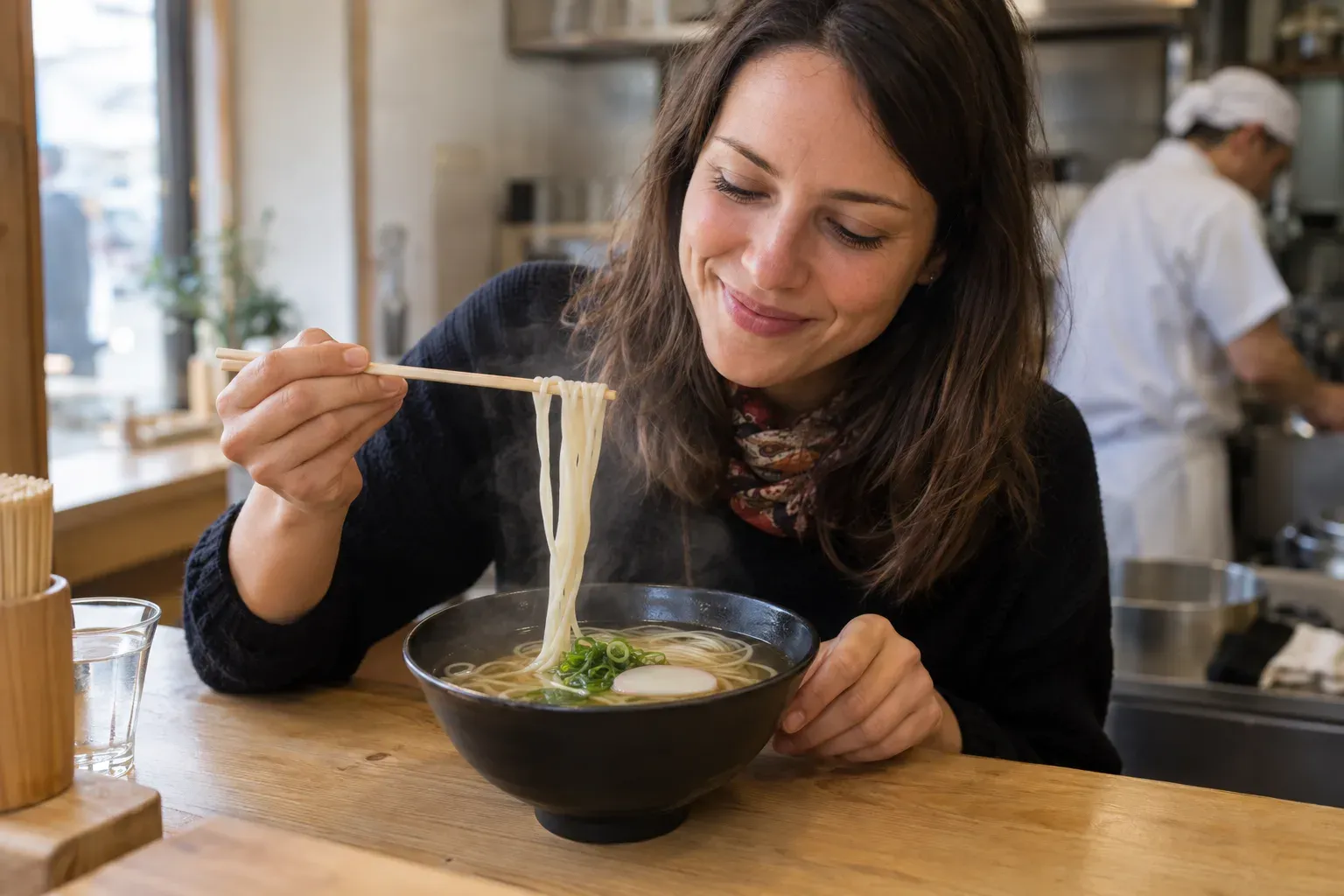 A smiling traveler lifting thin udon noodles with chopsticks from a bowl of clear broth at a wooden counter, a cook working in the background