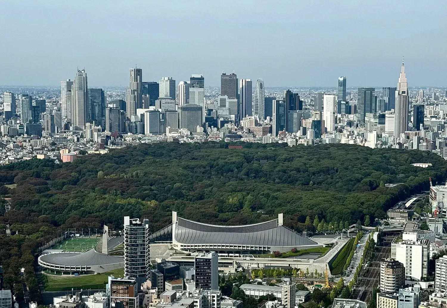View from Shibuya Sky: the forest of Meiji Shrine and Yoyogi Park between Yoyogi National Gymnasium and the towers of Shinjuku