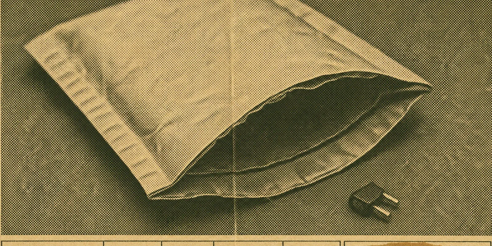 A small padded envelope lying open on a plain desk with one tiny object beside it.