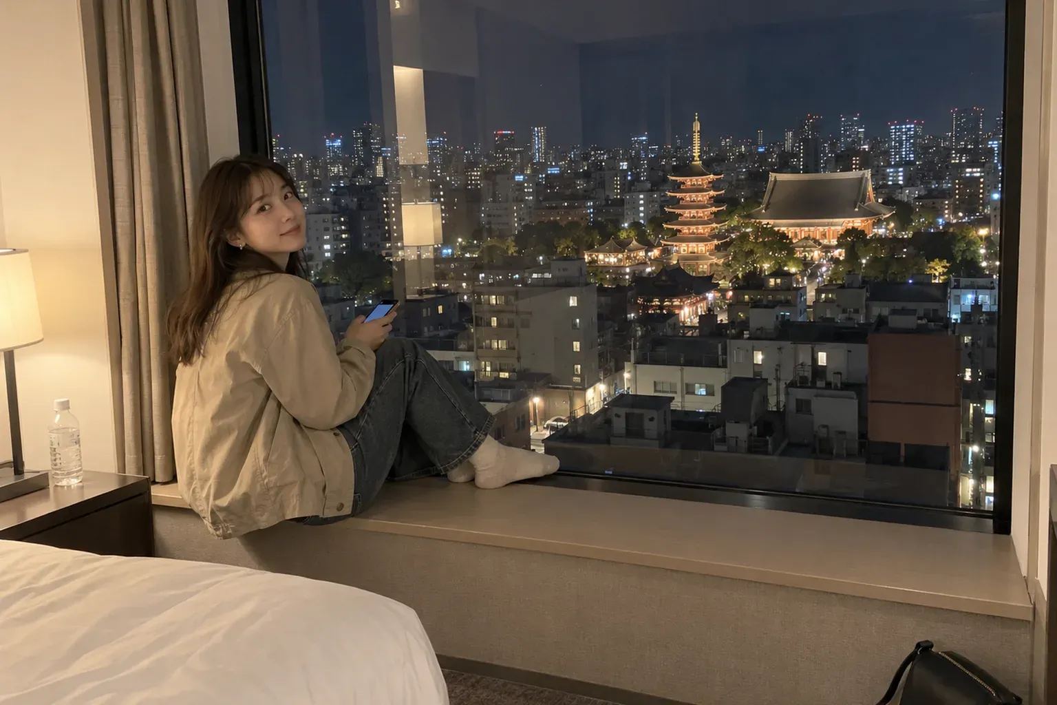 A young traveller sits on the window ledge of a hotel room at night, looking back with a smile, while the lit five-storey pagoda and main hall of Senso-ji glow among the roofs of Asakusa below