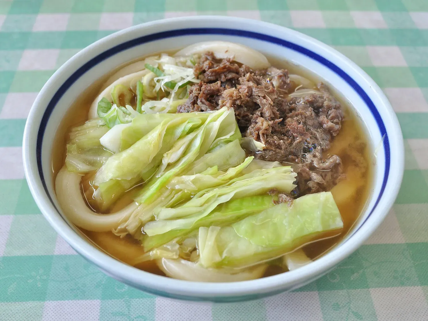 A bowl of Yoshida udon at Miura Udon, topped with boiled cabbage and simmered meat, on a green checked tablecloth