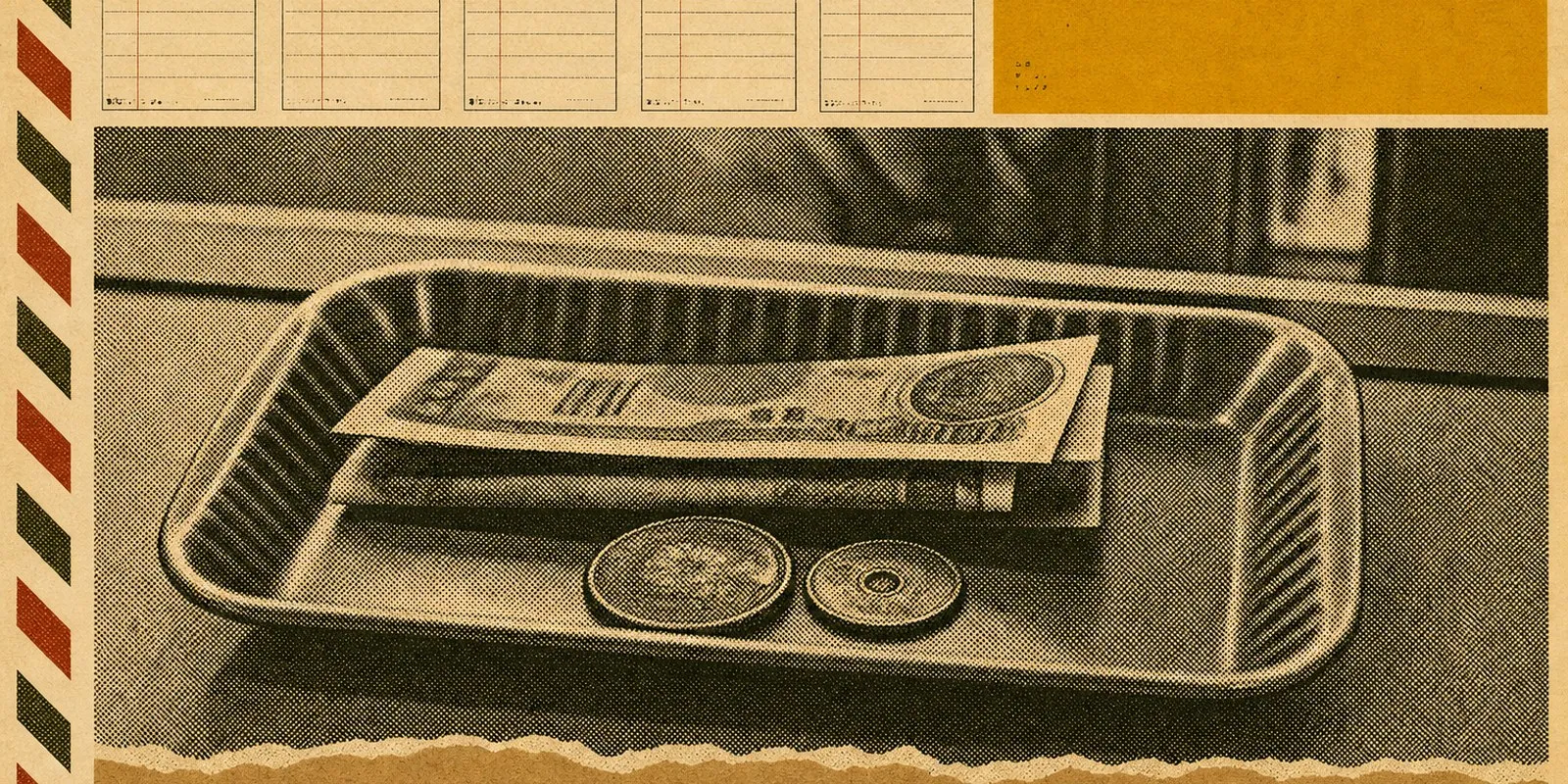 A close view of a ridged money tray on a counter, holding folded banknotes and two coins.