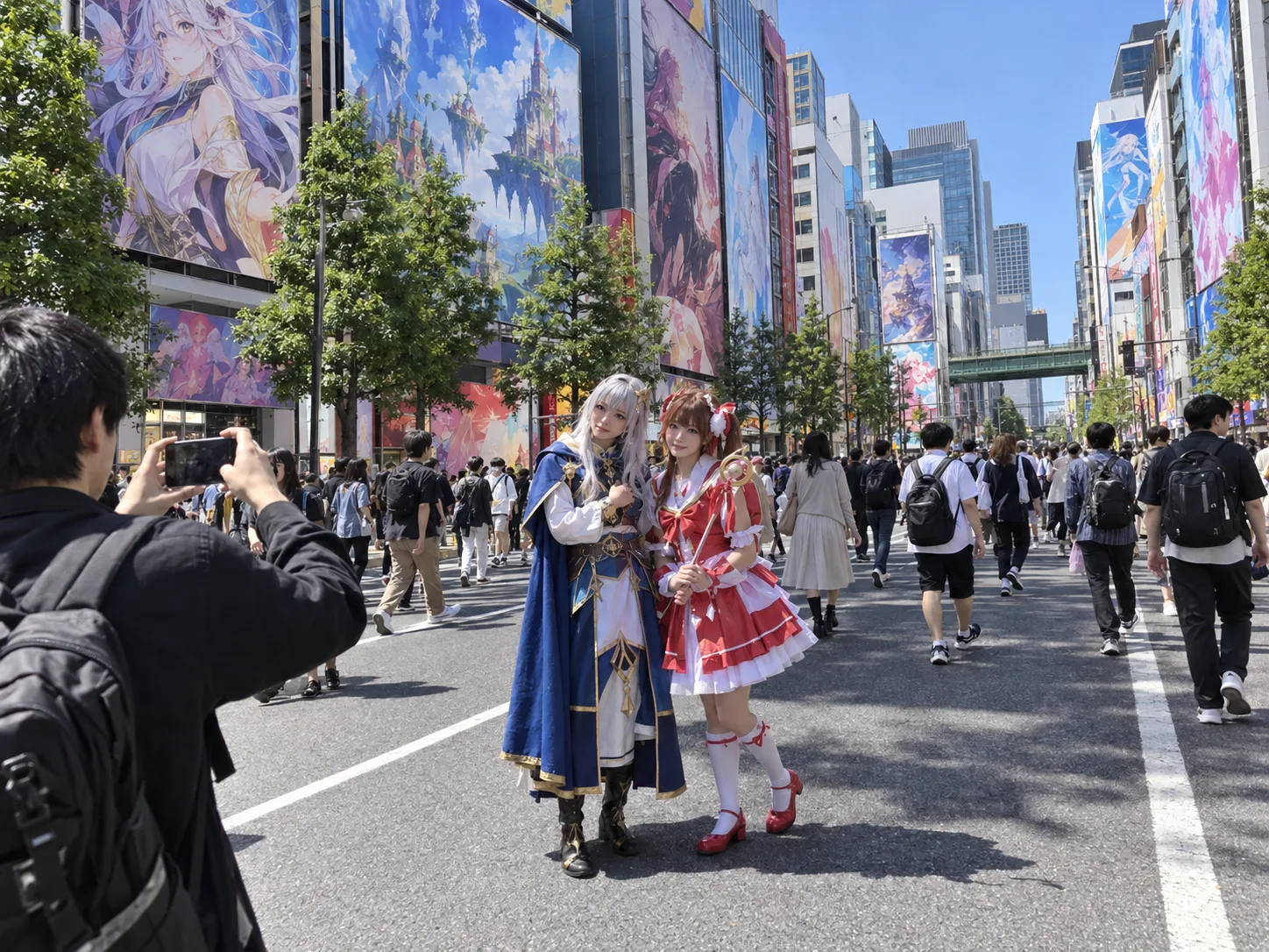 Two cosplayers in original fantasy costumes posing for a friend's phone on a street lined with anime billboards