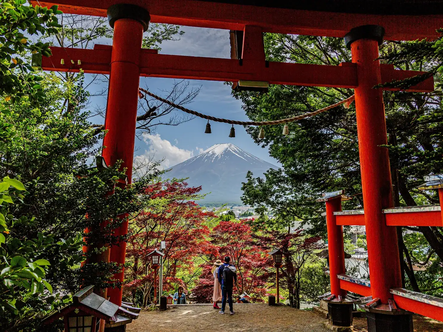 Mount Fuji seen through a large red torii gate, with red and green trees around it