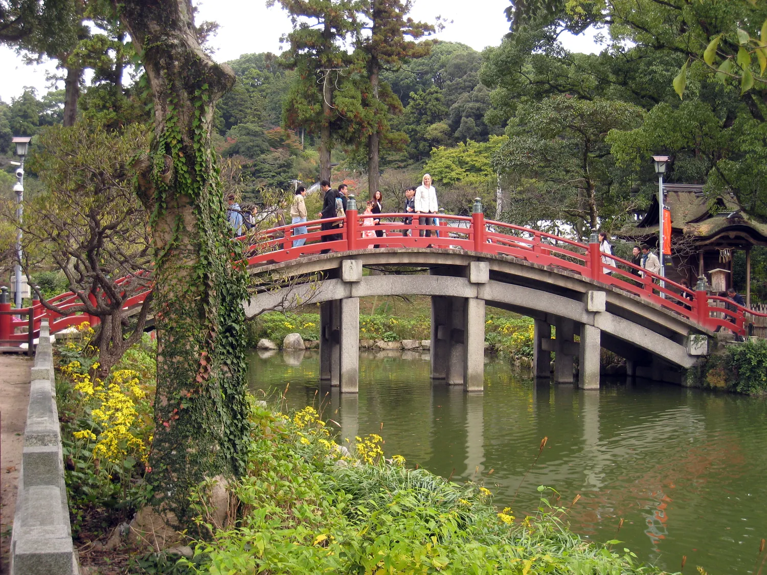 A red arched bridge over a green pond, surrounded by trees