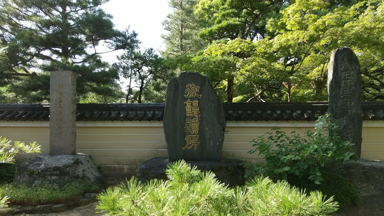 Stone monuments standing in a row in front of a tiled earthen wall, with pine trees behind