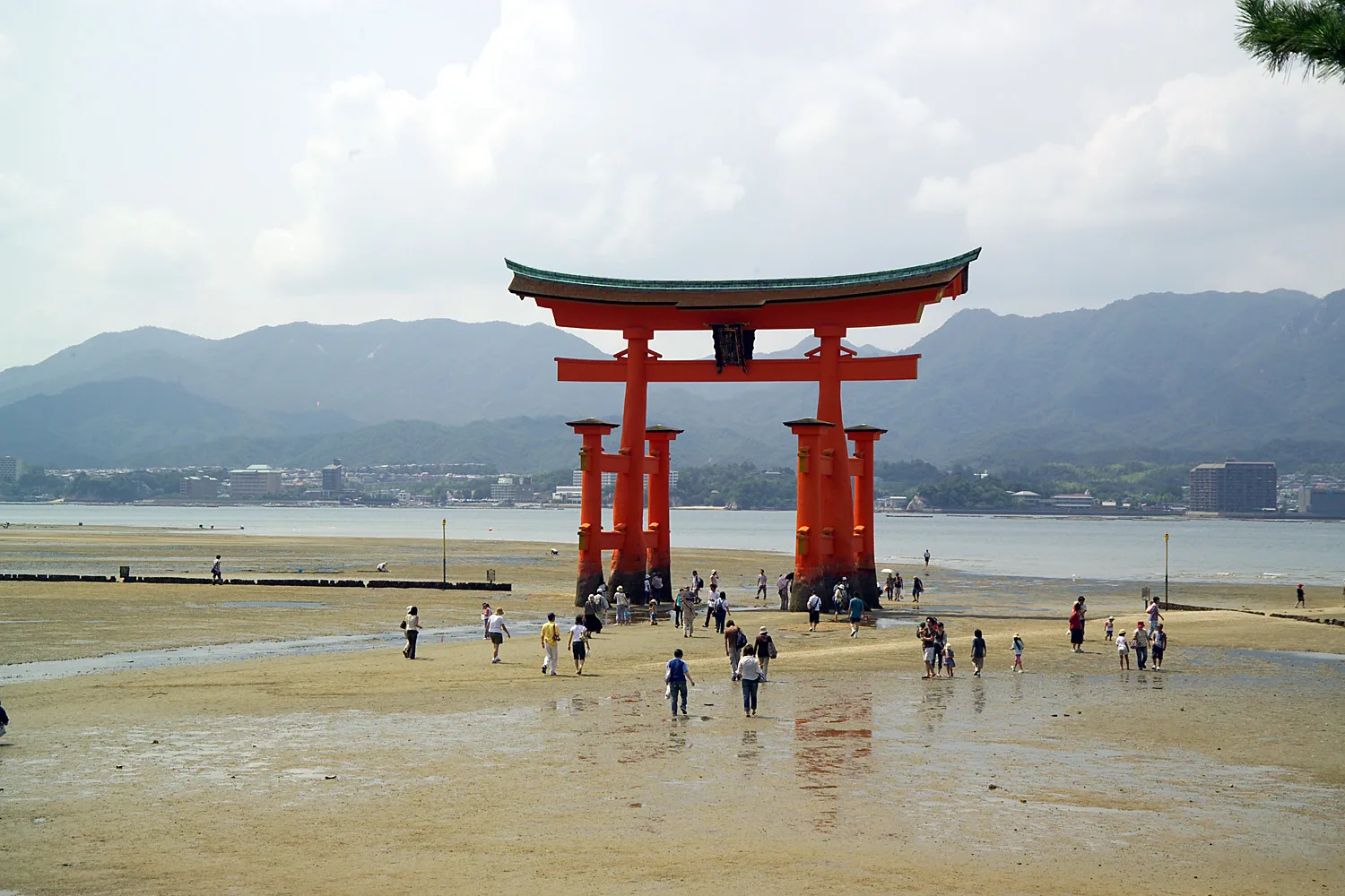 Visitors walking across the exposed tidal flat towards the great torii at low tide