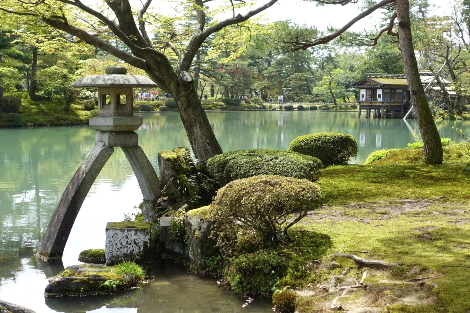 A two-legged stone lantern with a wide pond behind it