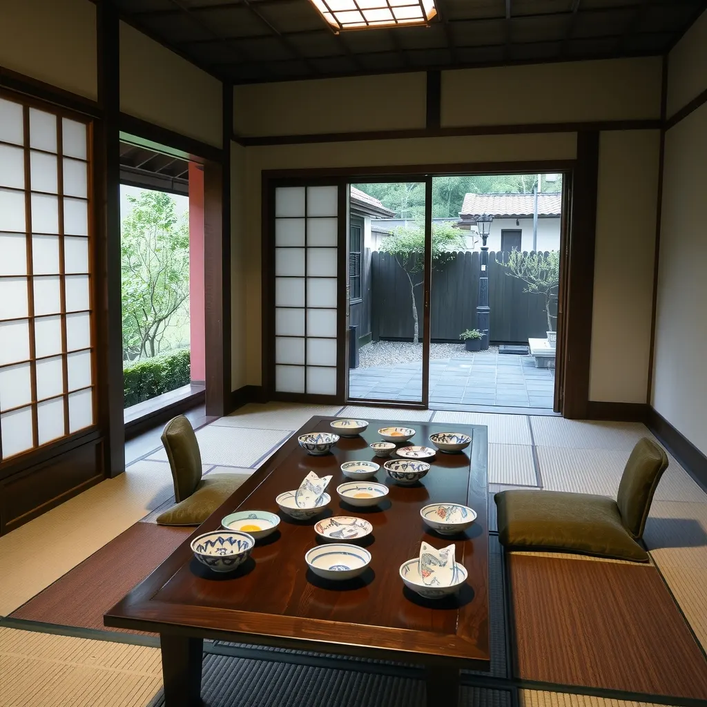 A low table set with a lunch course in small painted porcelain dishes in a tatami room with shoji screens