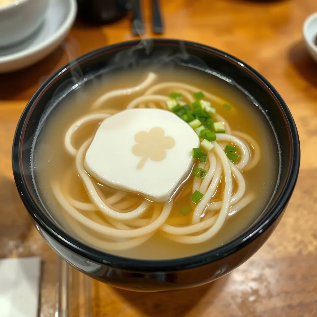 A bowl of thin udon in clear pale broth with a slice of white fish cake and green onion