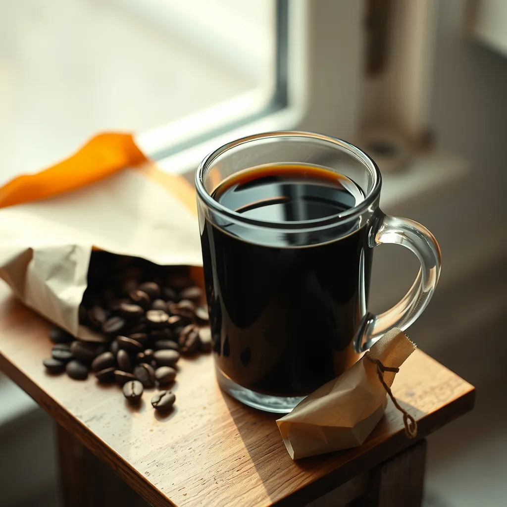 A glass mug of black coffee on a small wooden counter beside a paper bag of spilled coffee beans
