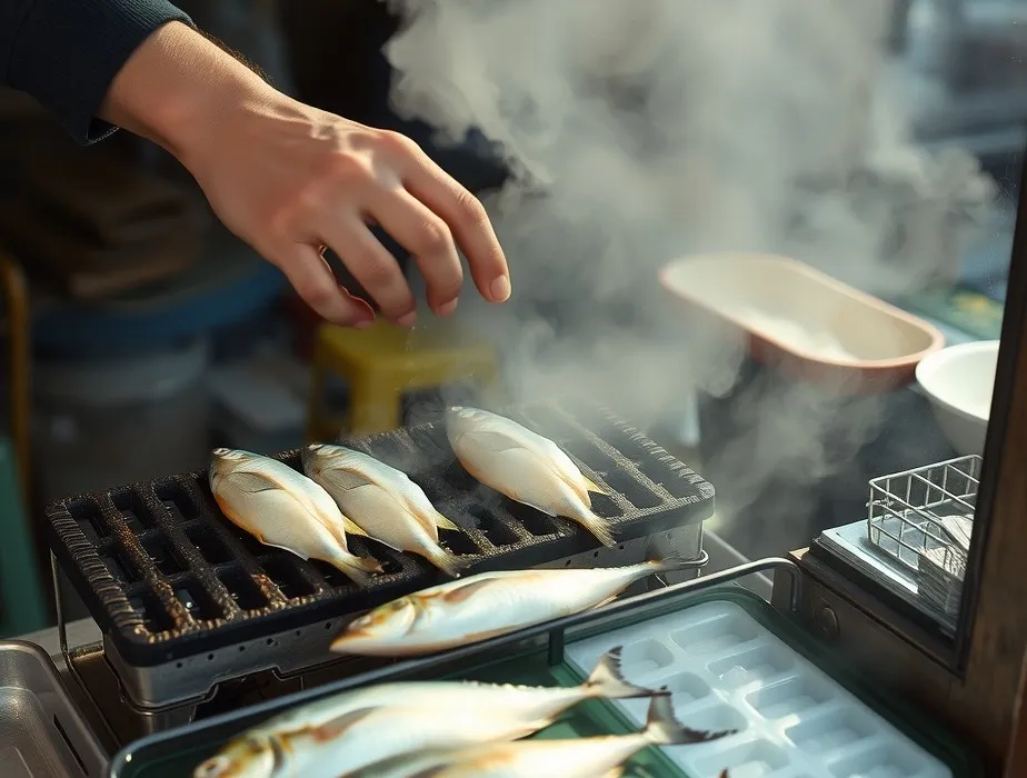 A hand reaching over salted fish on a small grill in rising smoke, with more fish laid on trays below