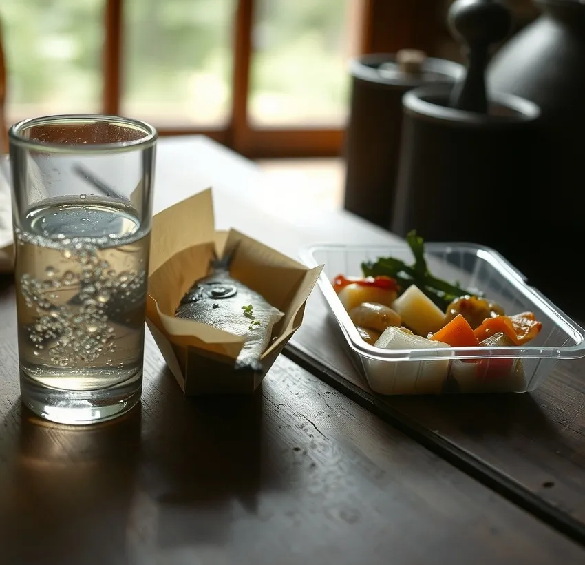 A glass of clear sake on a wooden table beside grilled fish in an opened paper wrapper and a plastic tray of side dishes