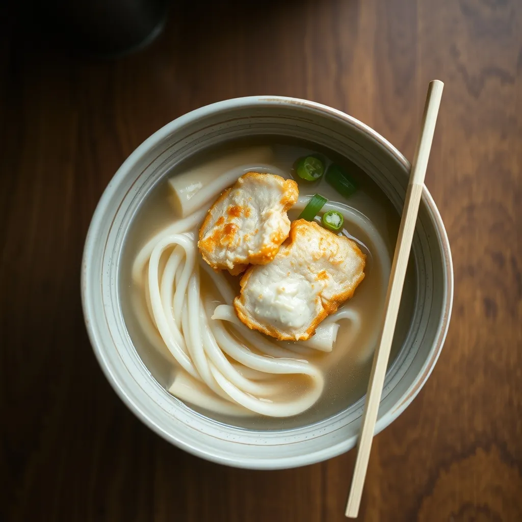 A bowl of thick udon noodles in pale broth with two pieces of chicken tempura, seen from above, chopsticks on the rim