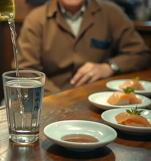 Clear cold sake poured into a glass on a wooden izakaya counter, with small plates of sashimi