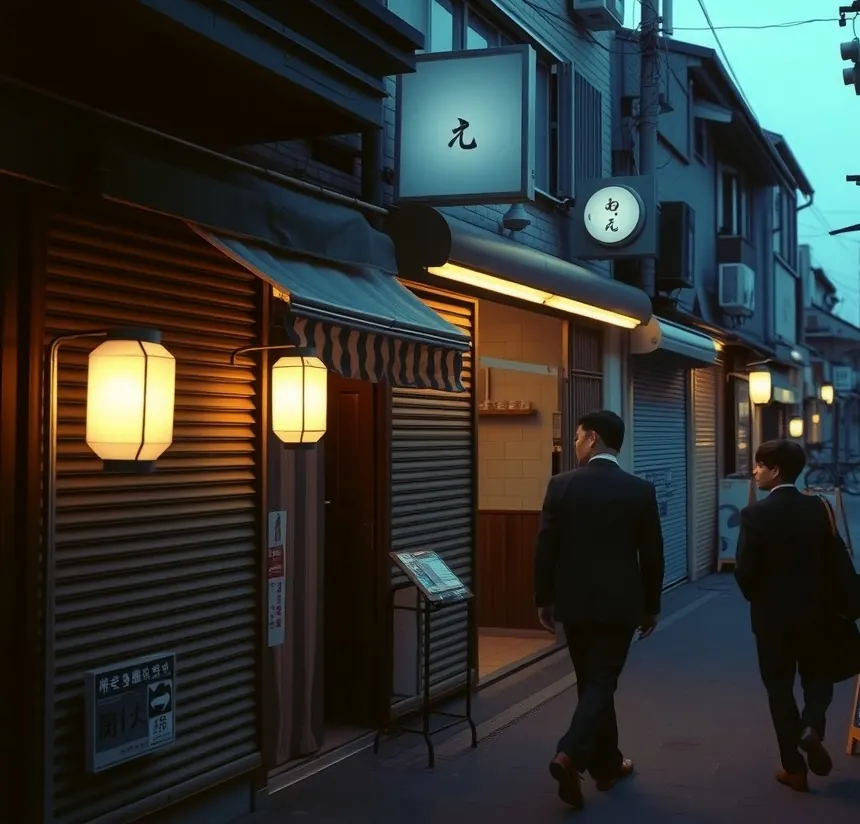 An ordinary shopping street at dusk with shutters down, paper lanterns lit and two office workers walking toward a small bar