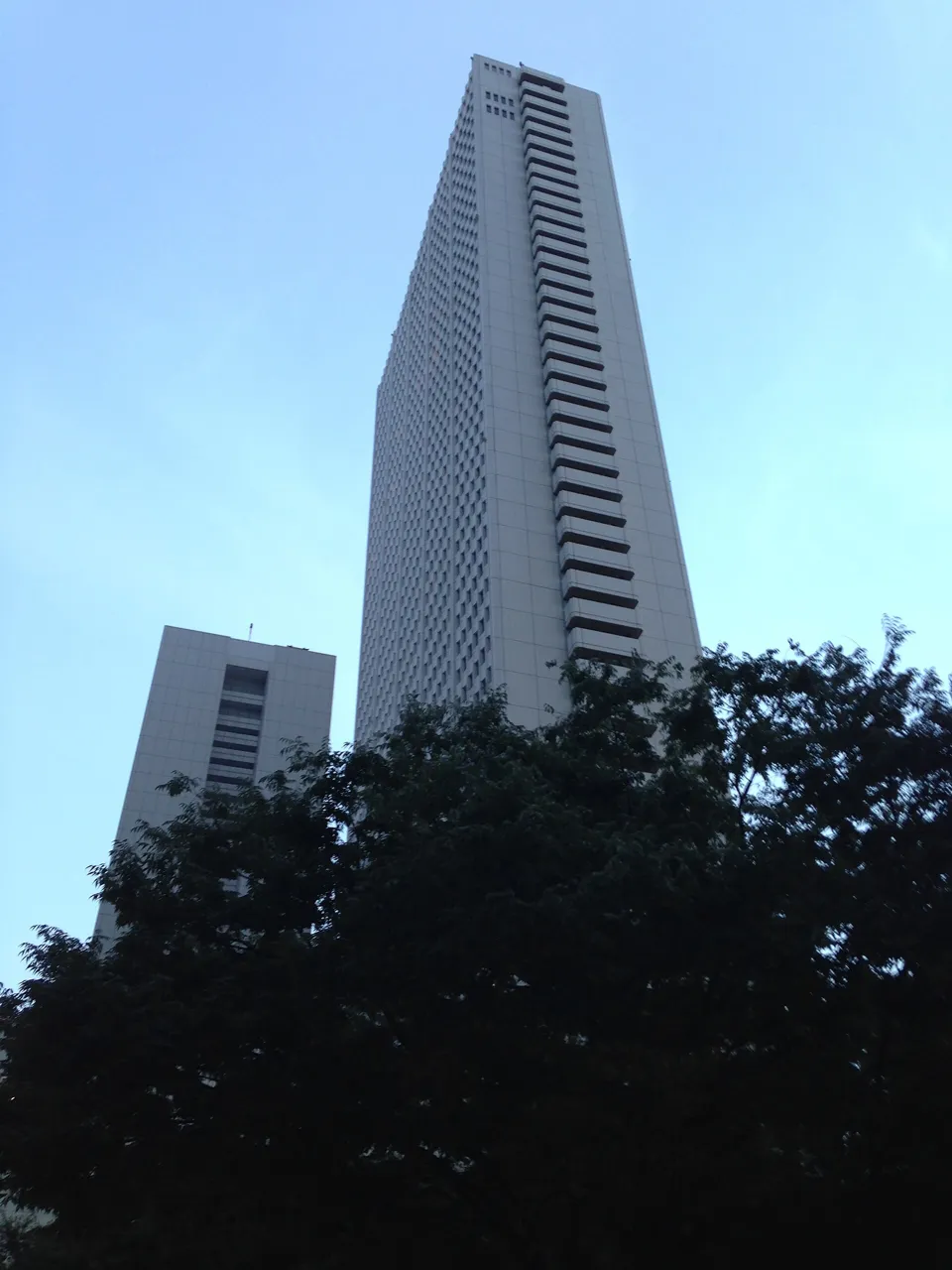The Keio Plaza Hotel's main tower, with its vertical lines of balconies, rising behind trees at dusk, its south tower to the left