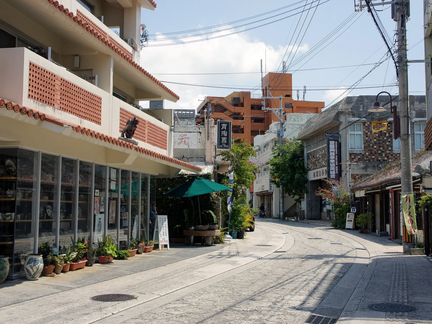 A paved street lined with low shop buildings, potted plants and shop signs under a blue sky